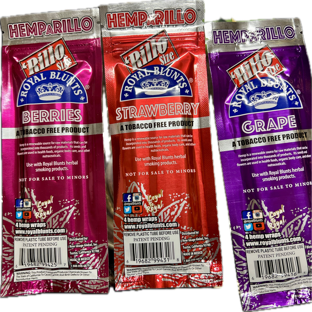 Back of Royal Blunts Hemparillo hemp wrap pouches — Berries, Strawberry, and Grape flavors showing ingredients, barcode, and tobacco-free labeling