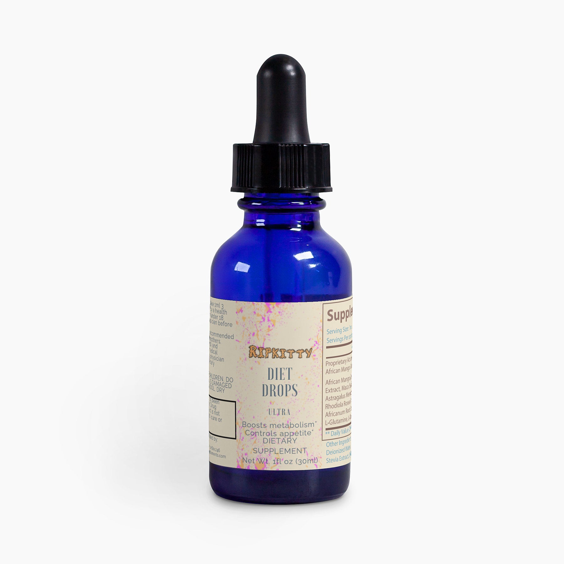 Blue dropper bottle with a label on a white background
