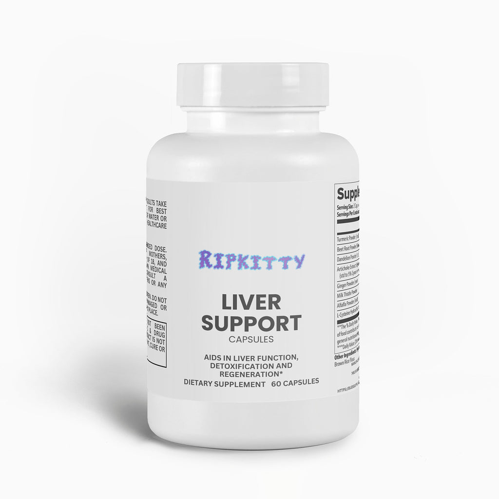 Supplement bottle labeled 'Liver Support' by Ripkitty on a white background