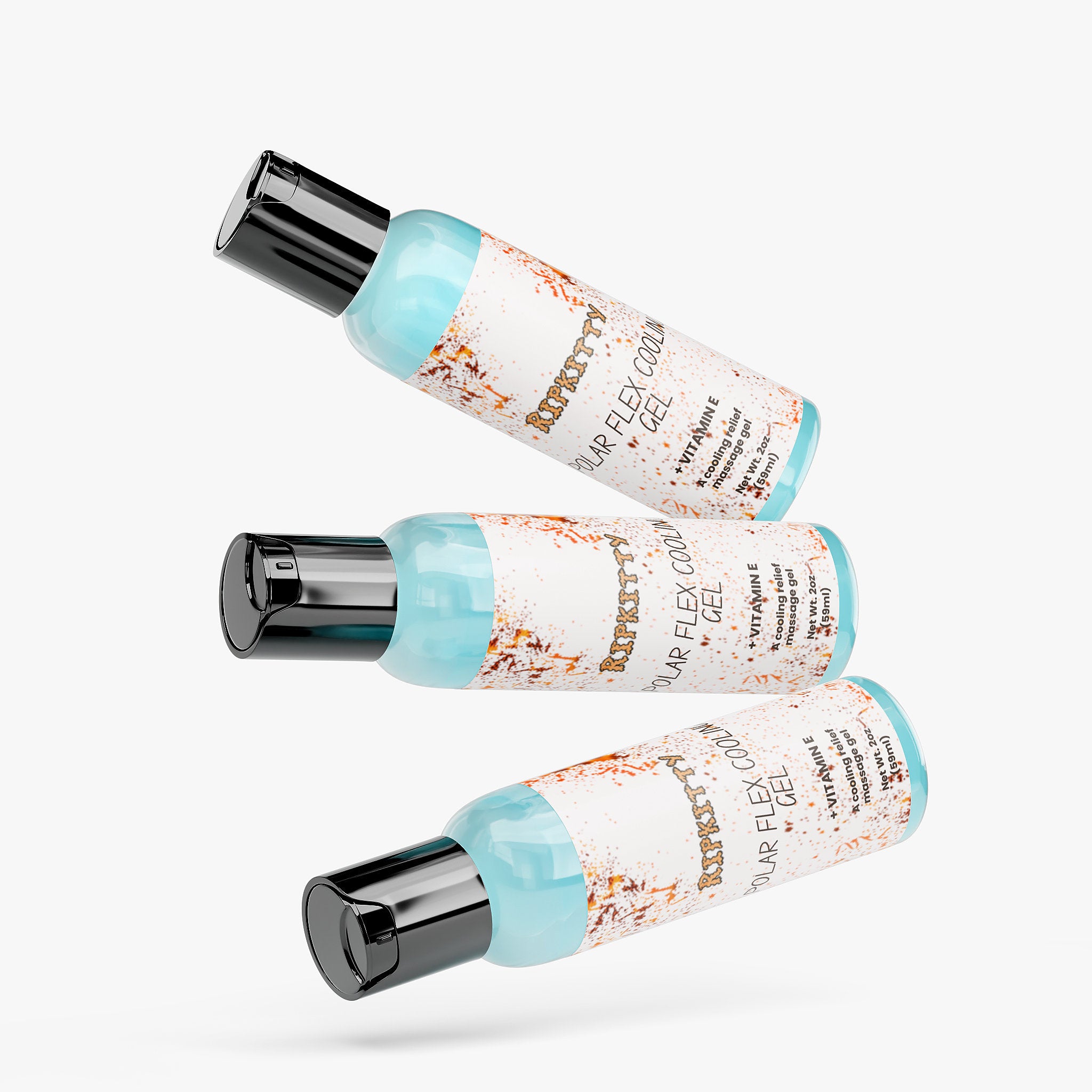 Three bottles of Ripkitty's Polar flex gel on a white background