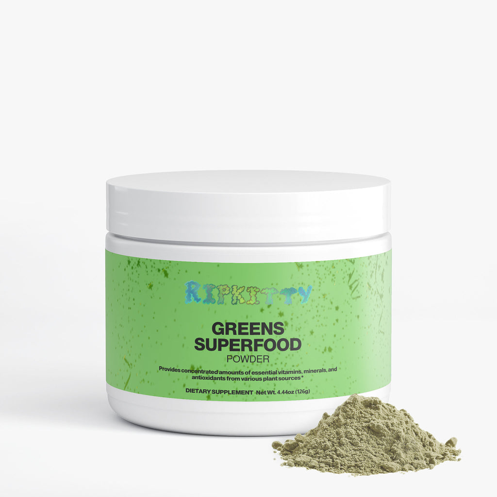 Jar of greens superfood powder with a green label on a light gray background