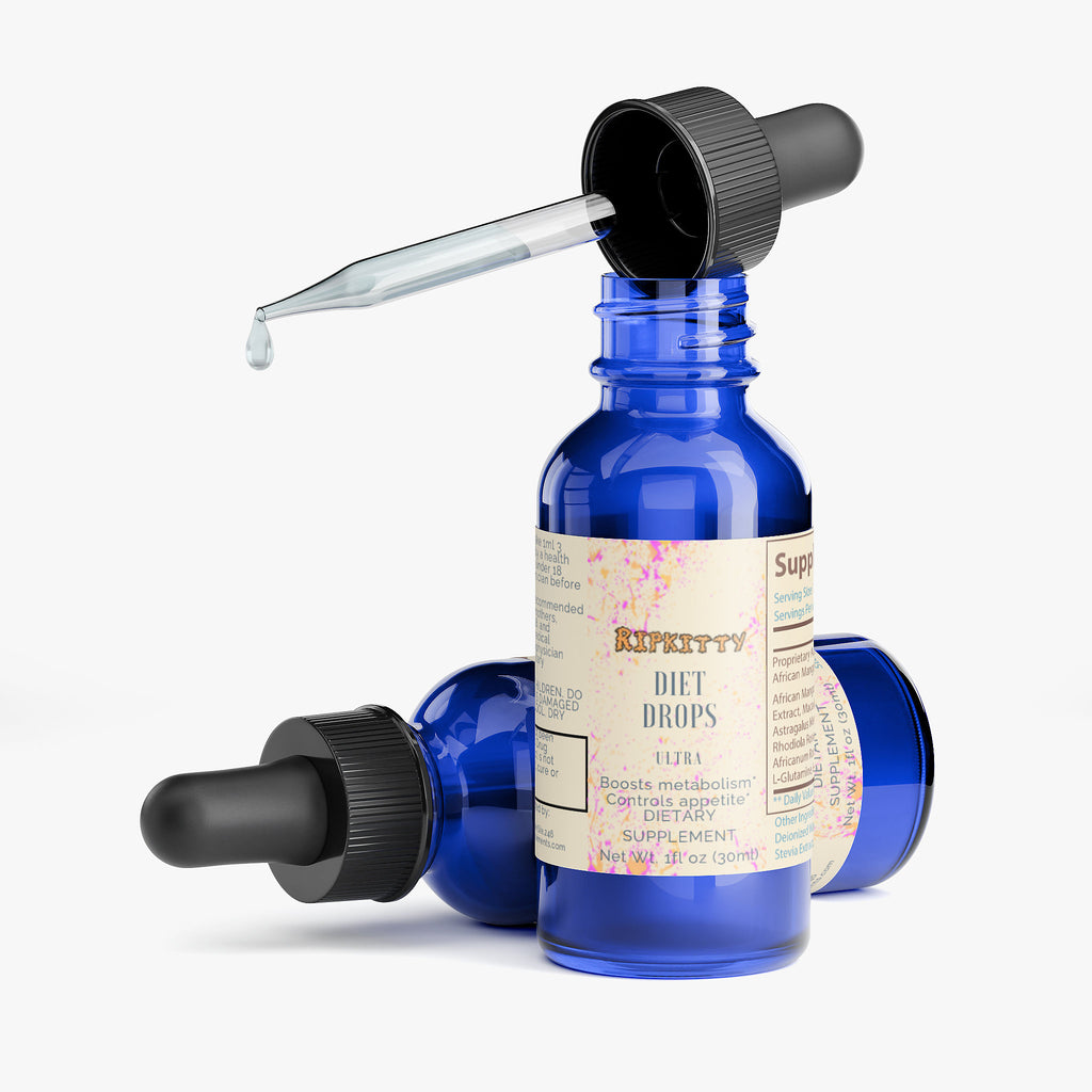 Blue dropper bottles with a label on a white background
