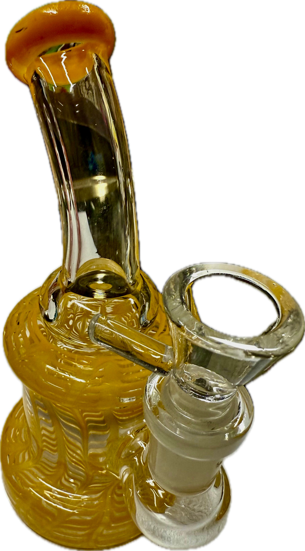 Ripkitty 5" fancy mini bong in amber gold colorway with ornate ribbed body, curved neck, and clear 14mm male bowl — white background