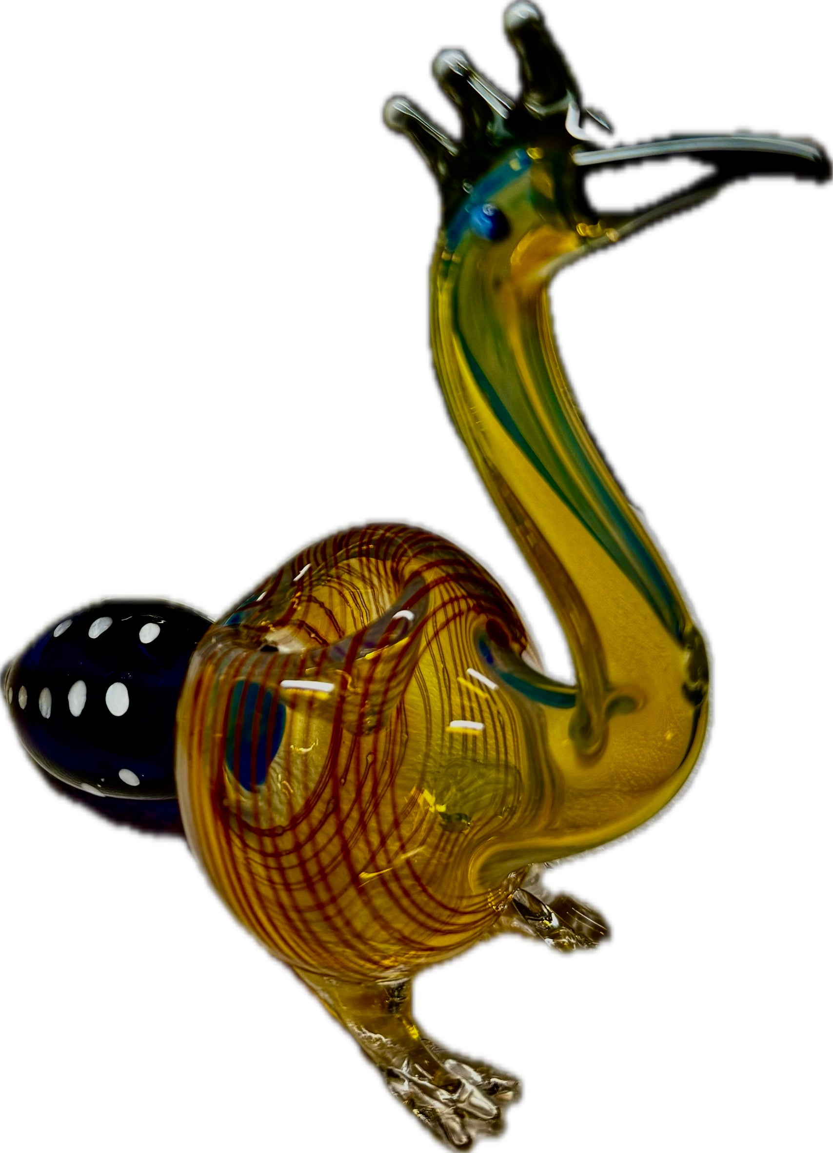 Ripkitty peacock glass pipe — amber-red colorway, three-quarter angle showing full pipe form with striped body, sculpted feet, and blue dot bowl
