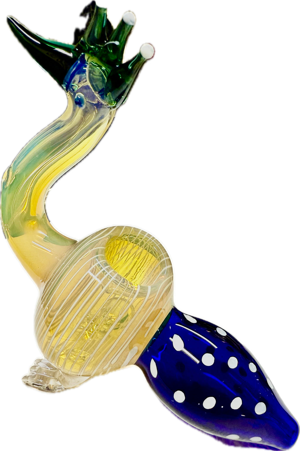 Ripkitty 5" peacock glass pipe — teal-green colorway, angled view highlighting stripe pattern on rounded body and sculpted feet