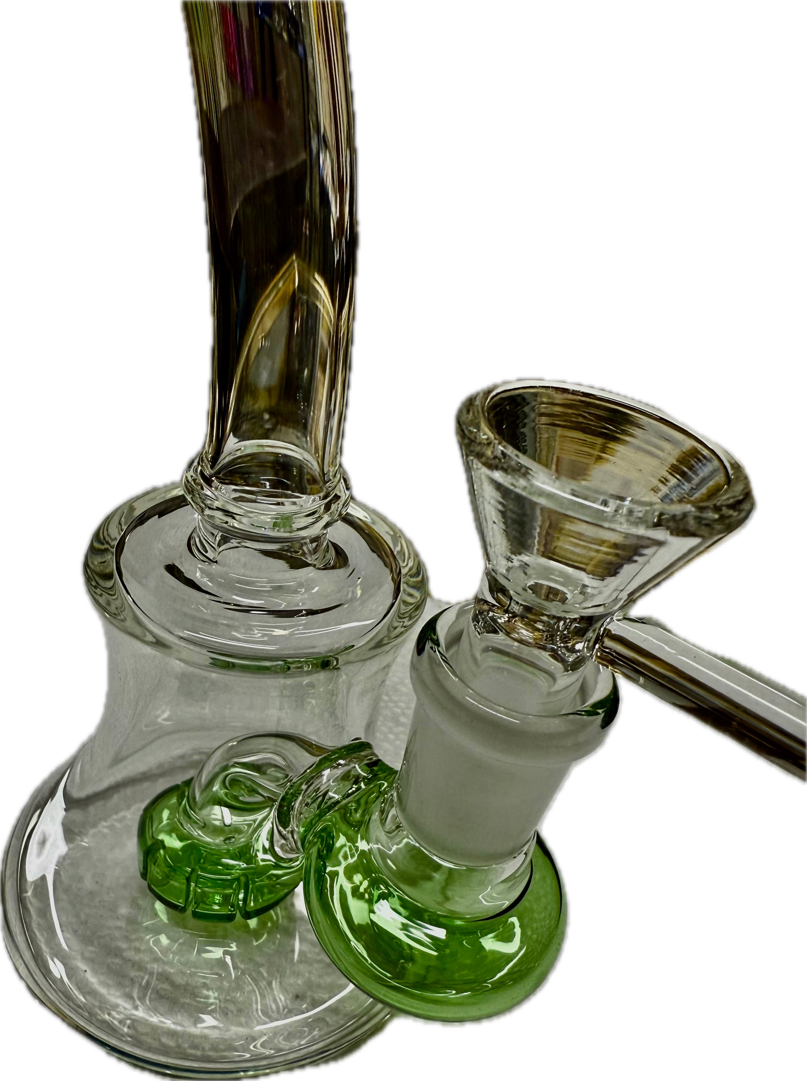 Ripkitty 7" conical bong — color shower neck, pink/rose base accent, front view showing bell base, percolator chamber, and 14mm funnel bowl
