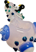 Ripkitty penguin art glass pipe — frosted pink with blue accents, side profile showing full pipe length with penguin sculpts and flipper accents