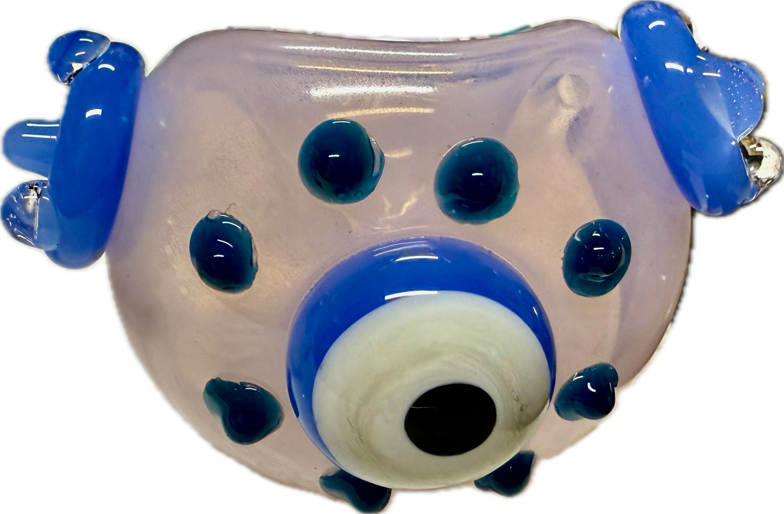 Ripkitty 4.5" penguin art pipe — frosted pink colorway, angled bowl-end view showing evil eye accent and dot pattern on translucent body