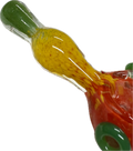 Macro close-up of Ripkitty rasta spoon pipe neck — yellow frit glass detail with green mouthpiece tip and red bowl base visible