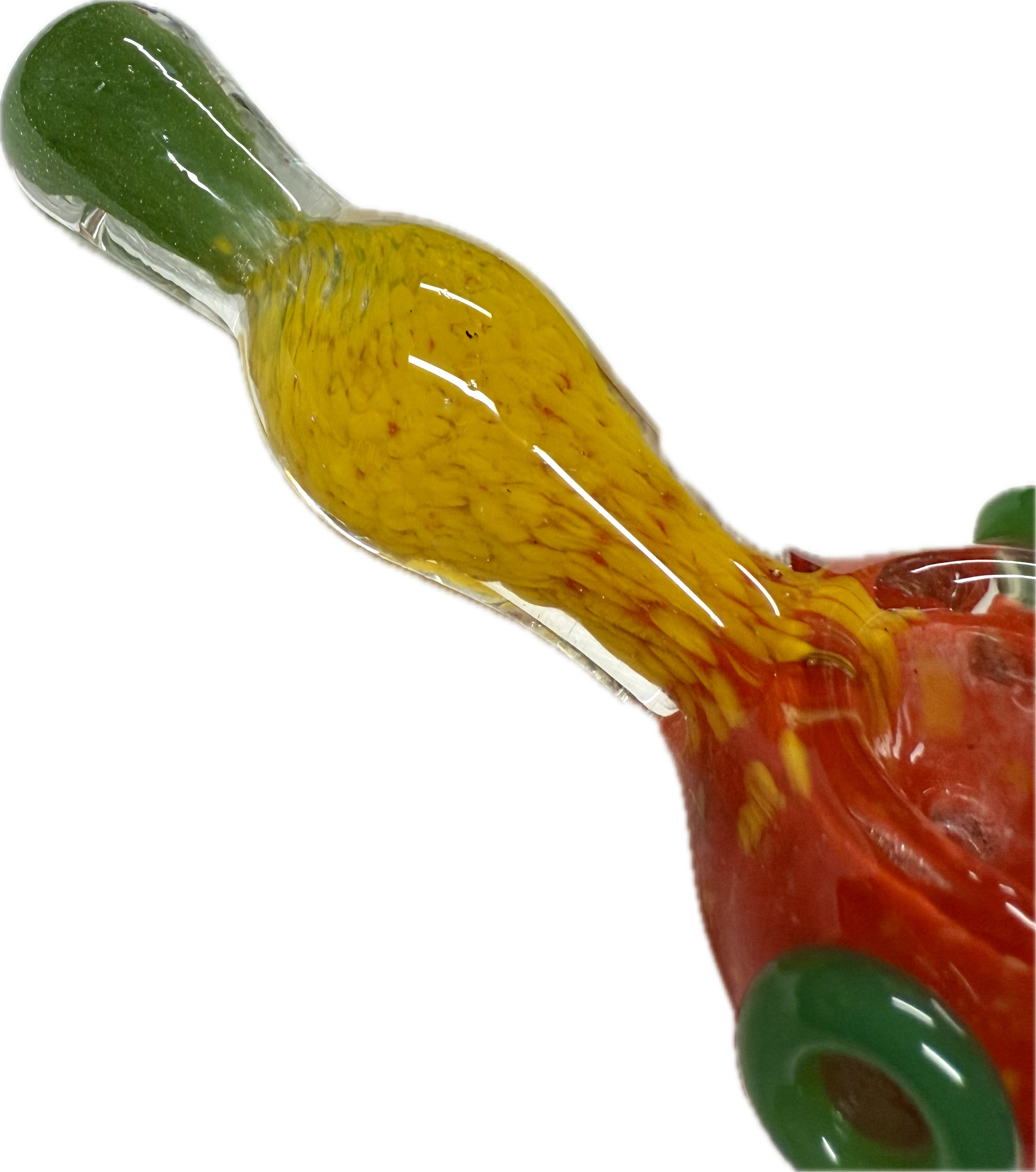 Macro close-up of Ripkitty rasta spoon pipe neck — yellow frit glass detail with green mouthpiece tip and red bowl base visible
