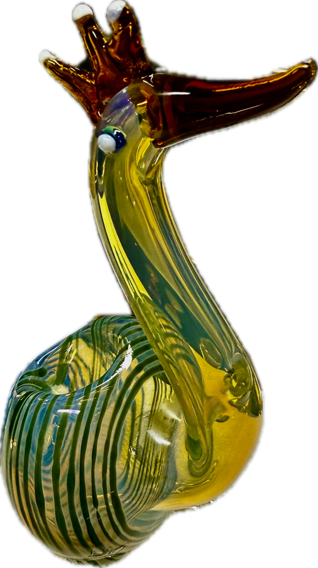 Ripkitty 5" peacock pipe — amber-red colorway, side profile showing full peacock form with warm-toned stripe body and dark beak mouthpiece