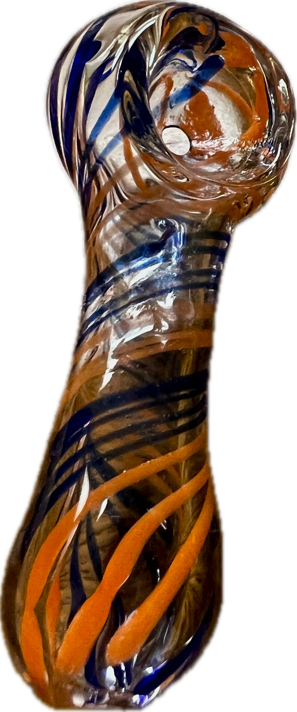 Ripkitty 3" striped swirly handblown glass spoon pipe — yellow and navy blue spiral stripe colorway, front-facing view showing rounded bowl with yellow glass nub, tight helical stripe pattern across full body, white background