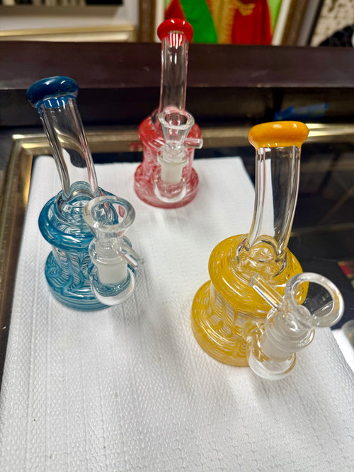 Three Ripkitty 5" fancy mini bongs with rod color accents and 14mm male bowl — assorted colorway