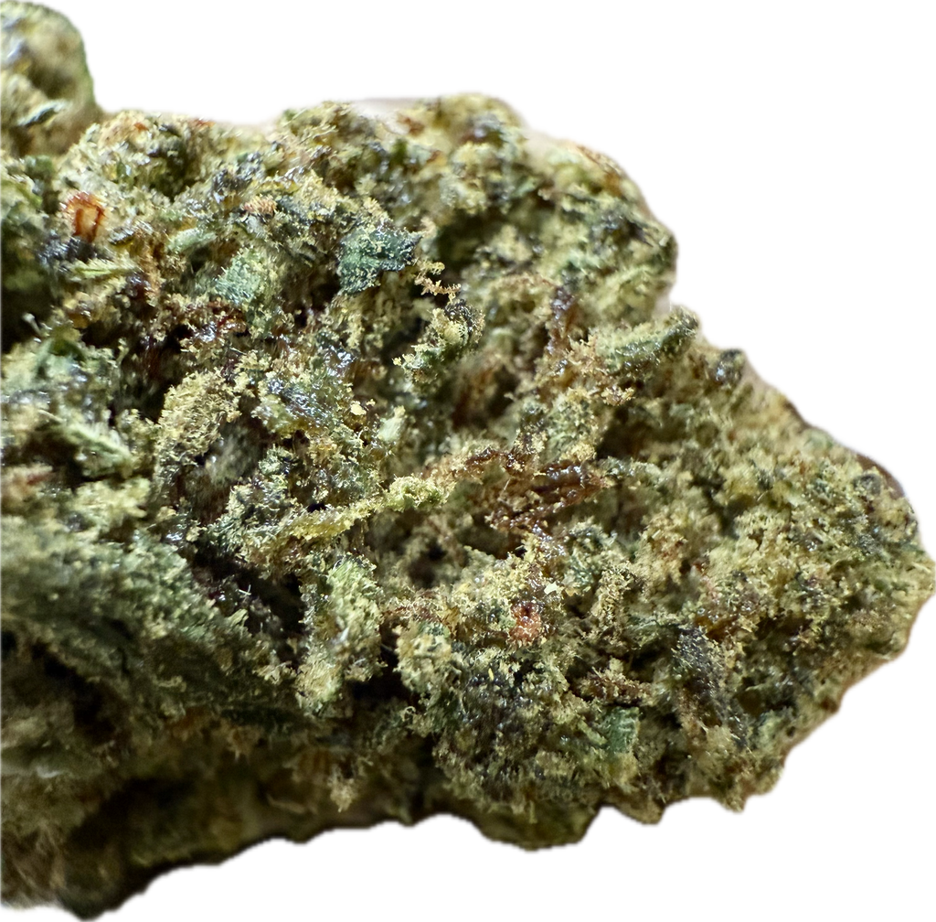 Macro top-down shot of Ripkitty Bubba Kush 59 HHC hemp flower showing golden trichomes and deep green calyxes