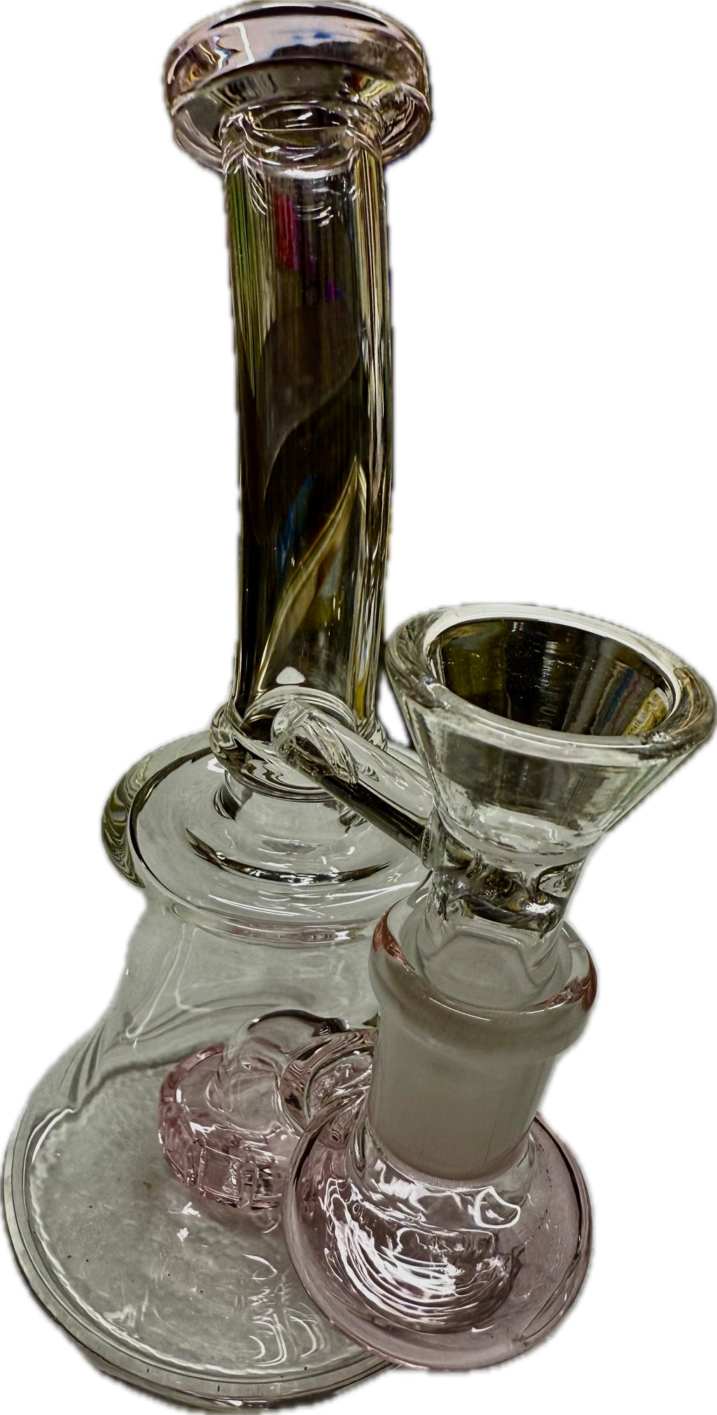 Ripkitty 7" conical bong — color shower neck, pink base accent, three-quarter view showing iridescent neck twist and pink sculpted percolator base