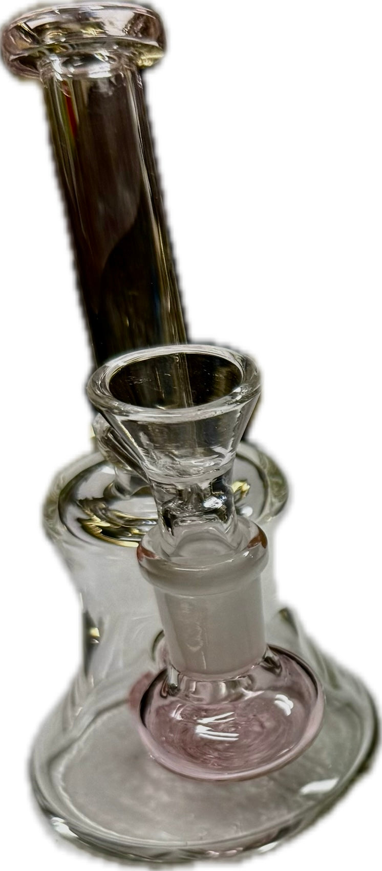 Ripkitty 7" conical bong — color shower neck, pink base accent, three-quarter view showing iridescent neck twist and pink sculpted percolator base