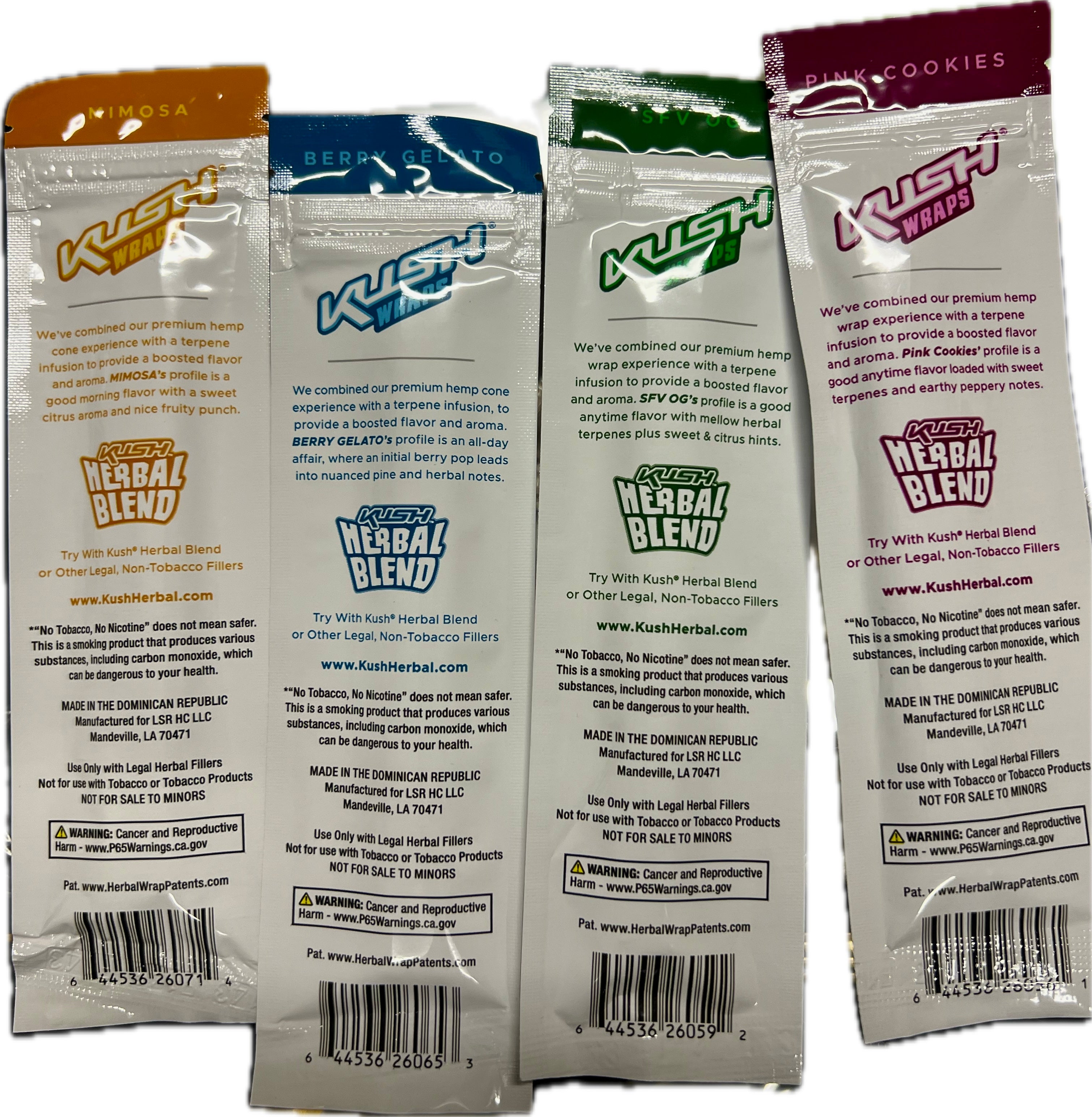Four packages of Kush Herbal Blend with different colored lids on a white background.