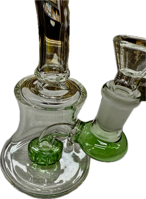 Ripkitty 7" conical bong — color shower neck, green base accent, angled view highlighting iridescent twist pattern in neck glas