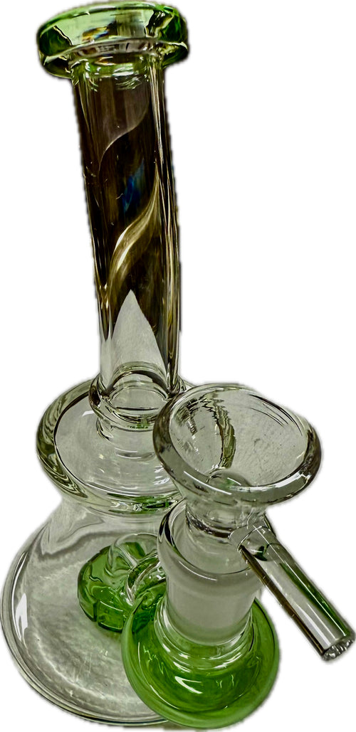 Ripkitty 7" conical bong — color shower neck, green base accent, close-up of bell base showing sculpted green percolator accent and clear chamber